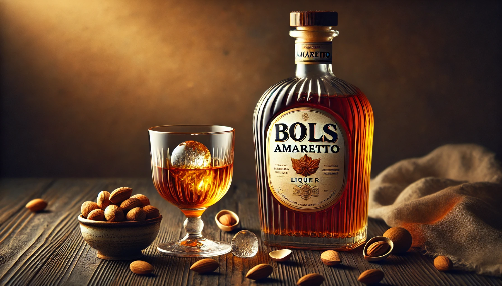 Пляшка лікеру Bols Amaretto з келихом напою на льоду в оточенні мигдальних горіхів на темній дерев'яній поверхні