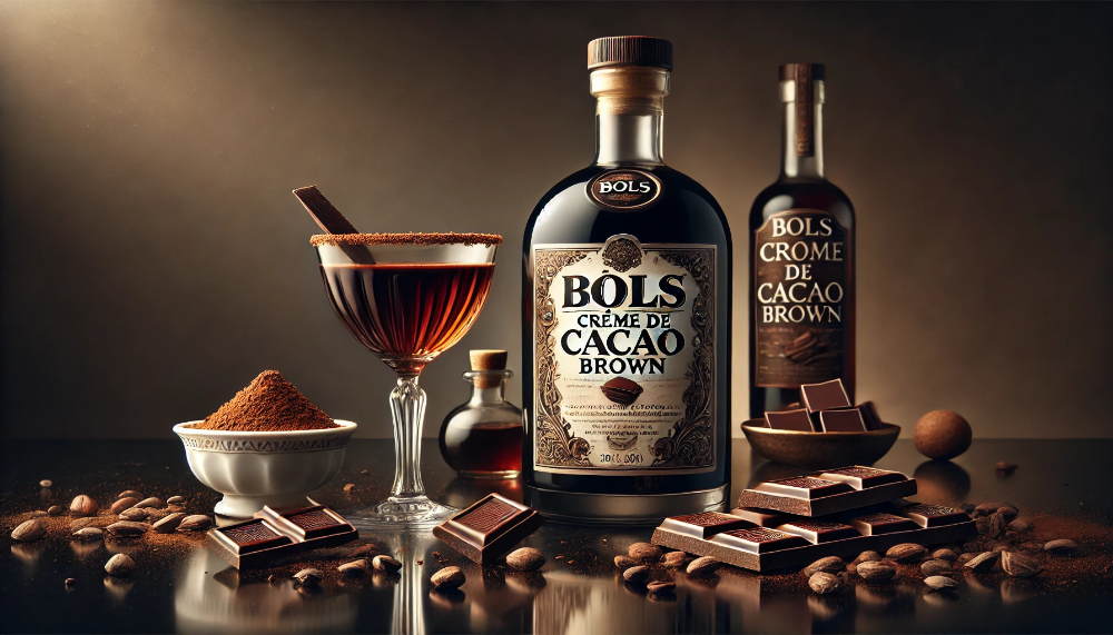 Пляшка лікеру Bols Crème de Cacao Brown з коктейльним келихом, оточена какао-бобами та шоколадом на темній поверхні