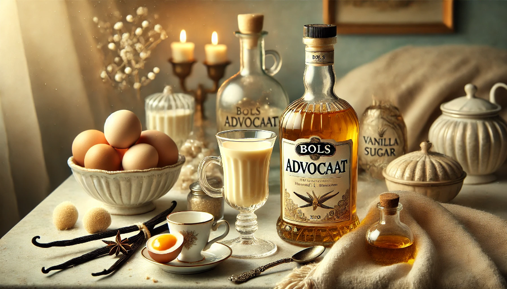 Пляшка лікеру Bols Advocaat з келихом напою, оточена свіжими яйцями та паличками ванілі на світлій поверхні