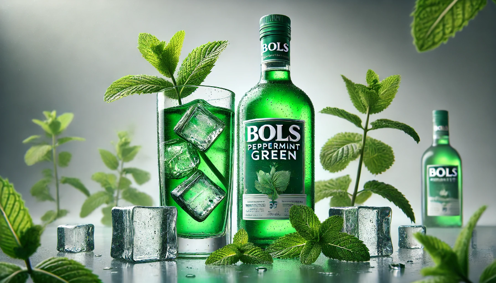 Пляшка лікеру Bols Peppermint Green з келихом напою на льоду, оточена свіжими листями м'яти на скляній поверхні