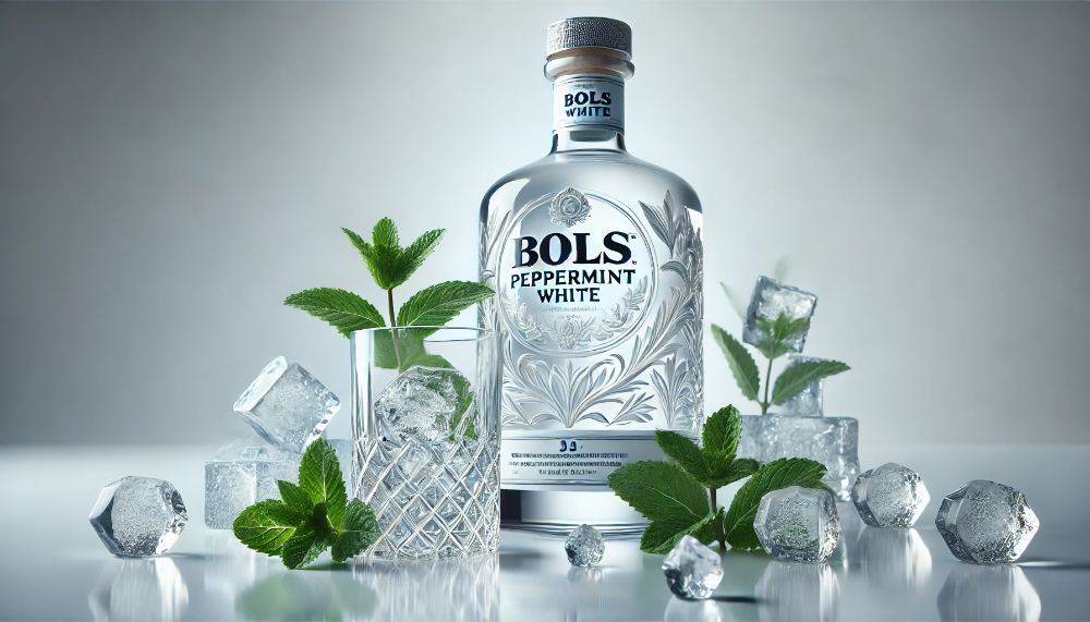  Пляшка прозорого лікеру Bols Peppermint White з кришталевим келихом, оточена листям м'яти та льодом