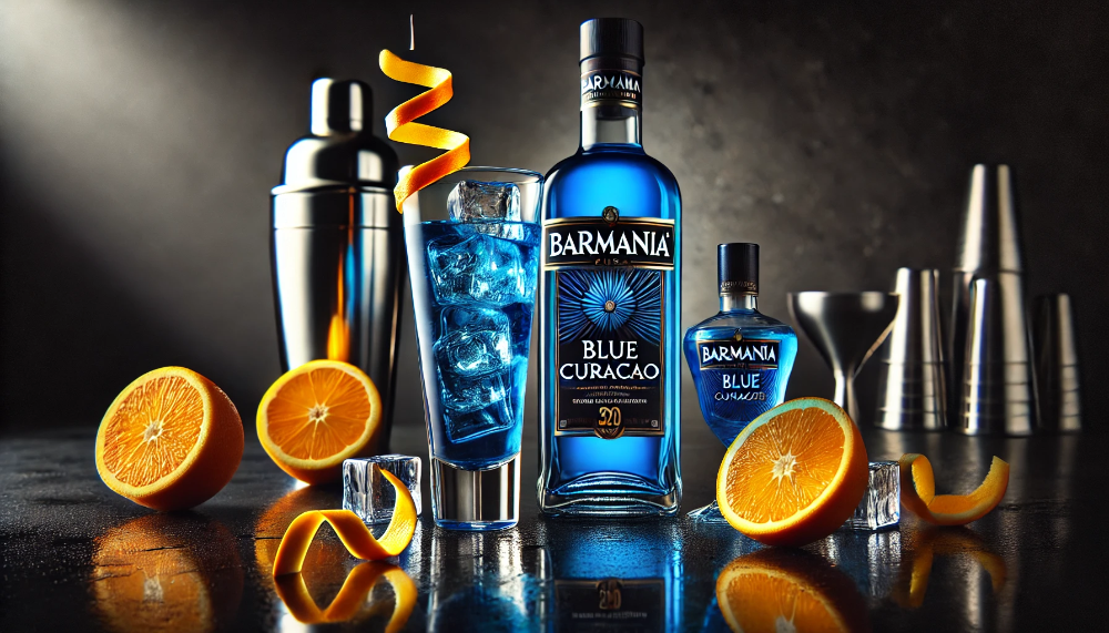 Пляшка блакитного лікеру BarMania Blue Curacao з коктейльним келихом, оточена апельсинами та цедрою