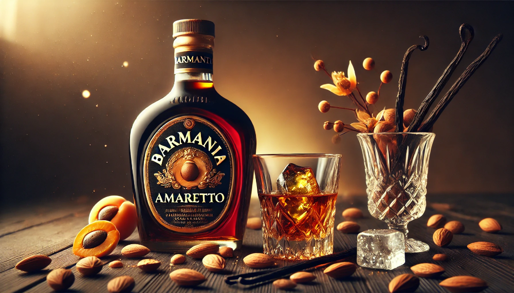 Пляшка лікеру BarMania Amaretto з кришталевим келихом, оточена мигдалем та абрикосовими кісточками