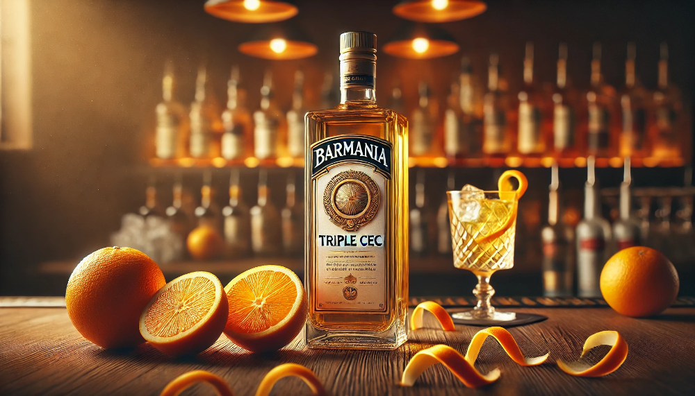 Пляшка BarMania Triple Sec на дерев'яній барній стійці в оточенні свіжих апельсинів та цедри, з коктейльним келихом на фоні