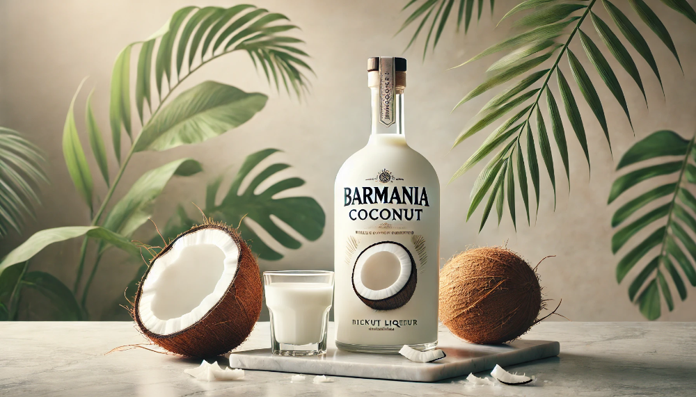 Пляшка молочно-білого лікеру BarMania Coconut на світлій стільниці поруч з розрізаним кокосом на фоні тропічного листя