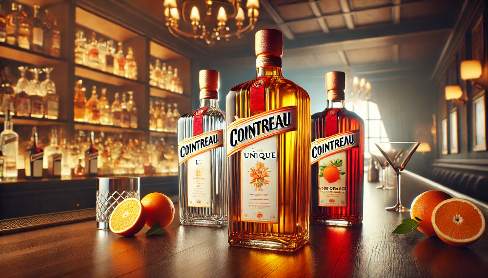 Три пляшки лікеру Cointreau на барній стійці: L'Unique, Noir і Blood Orange на фоні з коктейлями та апельсинами.