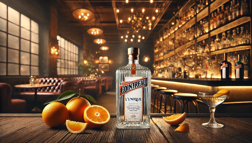 Пляшка Cointreau L'Unique на дерев'яному барі з апельсинами і шкірками, тепле освітлення