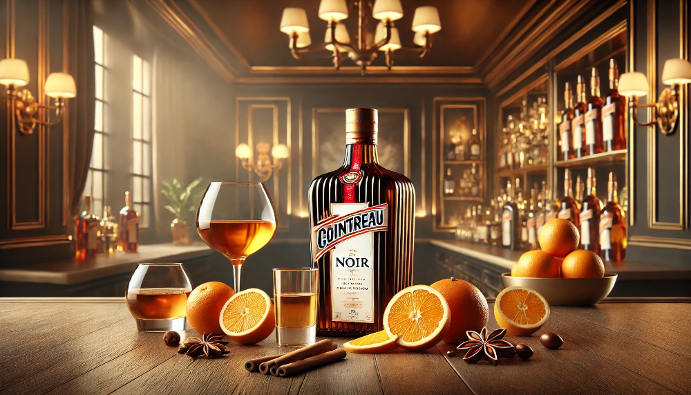 Пляшка Cointreau Noir з апельсинами, келихом коньяку і прянощами на елегантній барній стійці