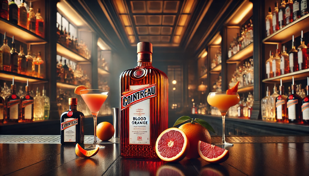 Пляшка Cointreau Blood Orange на барі з червоними апельсинами, коктейлями і приглушеним світлом