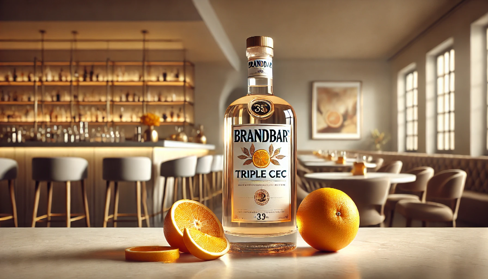 Пляшка лікеру Brandbar Triple Sec на мармуровому столі в оточенні свіжих апельсинів та цедри в інтер'єрі сучасного бару