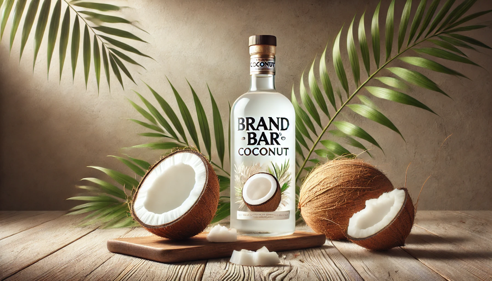 Пляшка кокосового лікеру Brandbar Coconut на дерев'яній поверхні в оточенні свіжих кокосів та пальмового листя