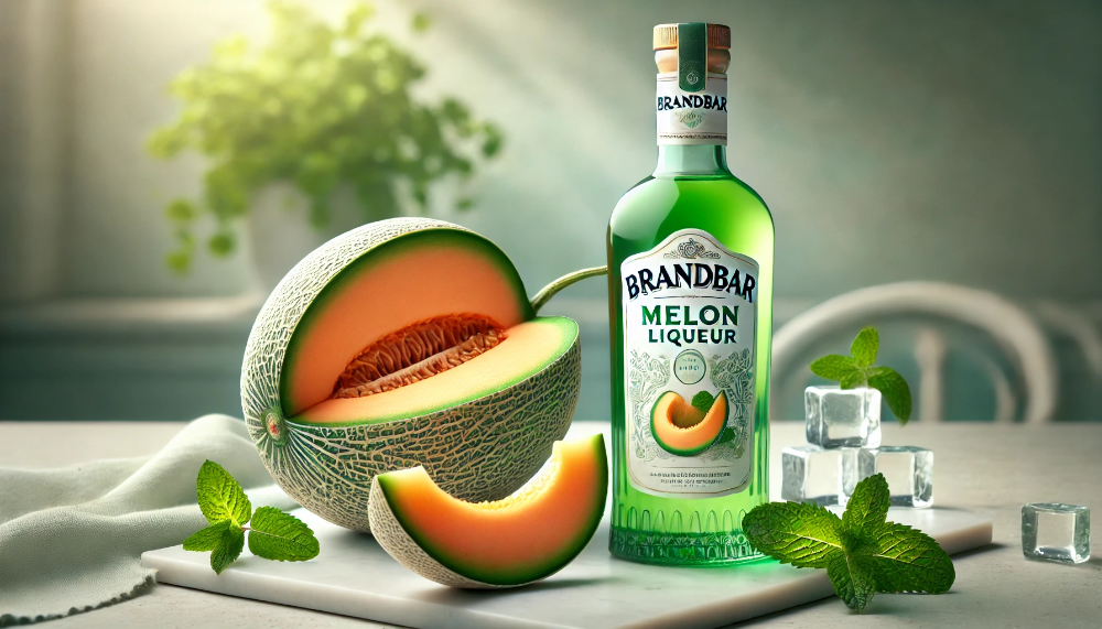 Пляшка лікеру Brandbar Melon на мармуровій поверхні поруч зі свіжою розрізаною динею та кубиками льоду