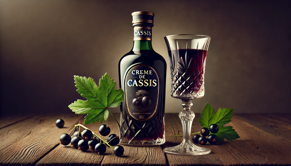 Пляшка Creme de Cassis поруч з келихом лікеру та свіжою чорною смородиною на дубовій поверхні