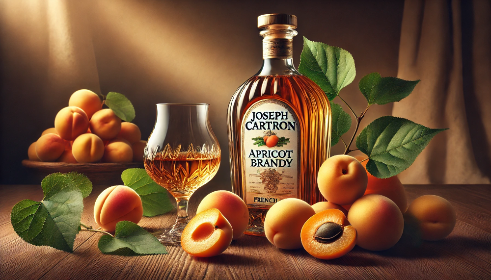 Пляшка Joseph Cartron Apricot Brandy з келихом бренді та свіжими абрикосами на дерев'яній поверхні