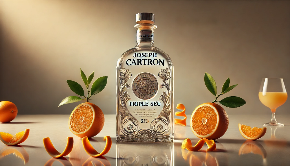 Кришталево чиста пляшка лікеру Joseph Cartron Triple Sec в оточенні свіжих апельсинів та цедри