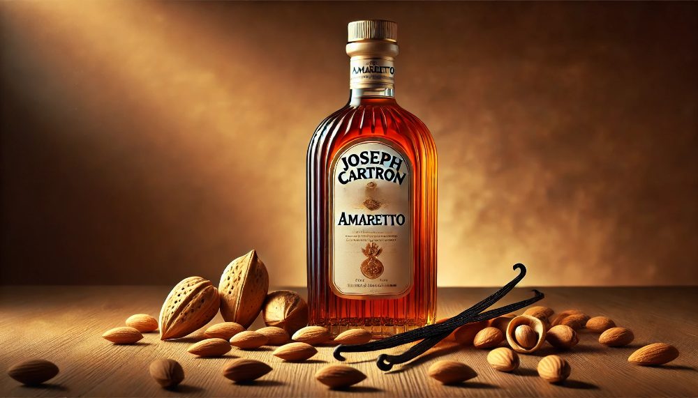 Пляшка лікеру Joseph Cartron Amaretto на дерев'яній поверхні в оточенні мигдальних горіхів та ванілі