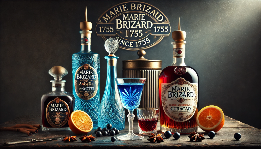 Класичні пляшки лікерів Marie Brizard Anisette, Blue Curacao та Creme de Cassis з келихами та спеціями