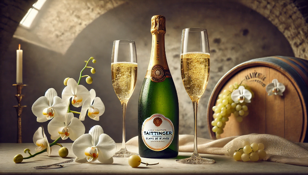 Пляшка Taittinger Comtes de Champagne та келихи з шампанським на мармуровому столі з орхідеями та виноградом