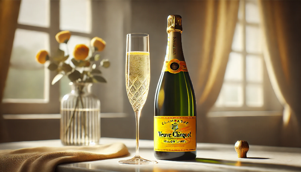 Пляшка Veuve Clicquot Yellow Label на мармуровому столі з келихом шампанського у променях природного світла