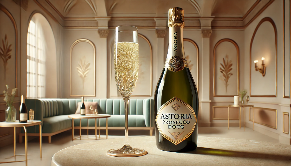 Пляшка Astoria Prosecco DOCG з діамантовим огранюванням та келих ігристого на мармуровому столі в вишуканому інтер'єрі