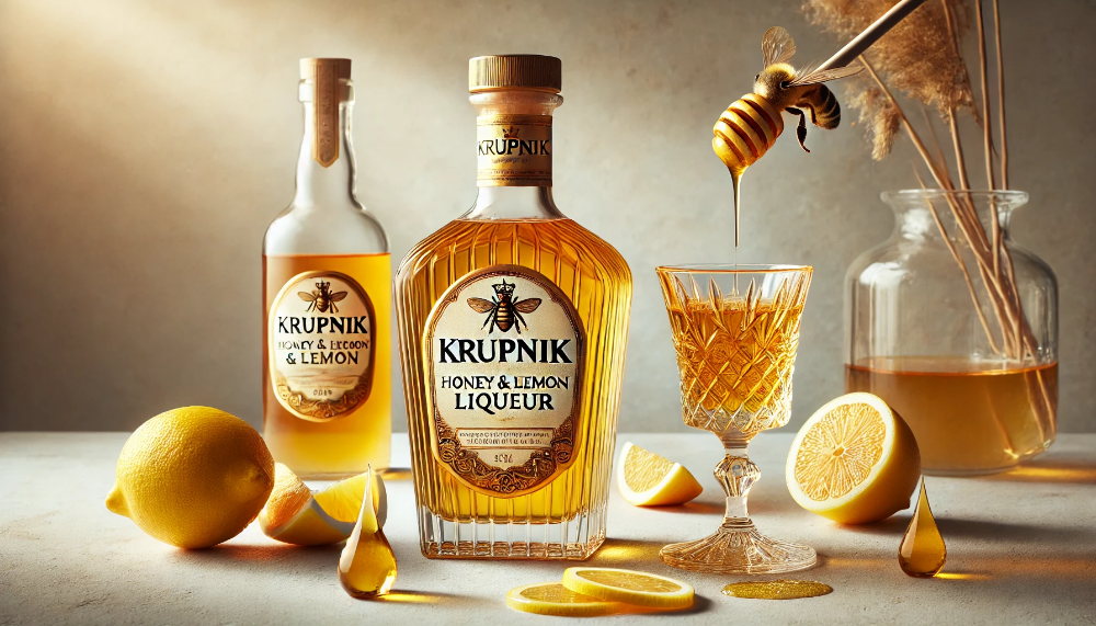 Пляшка лікеру Krupnik Honey & Lemon та кришталевий келих з напоєм на мармуровій поверхні з медовими сотами та лимоном