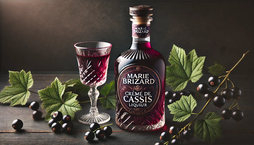 Пляшка лікеру Marie Brizard Creme de Cassis та келих з напоєм на темному дереві зі свіжою смородиною