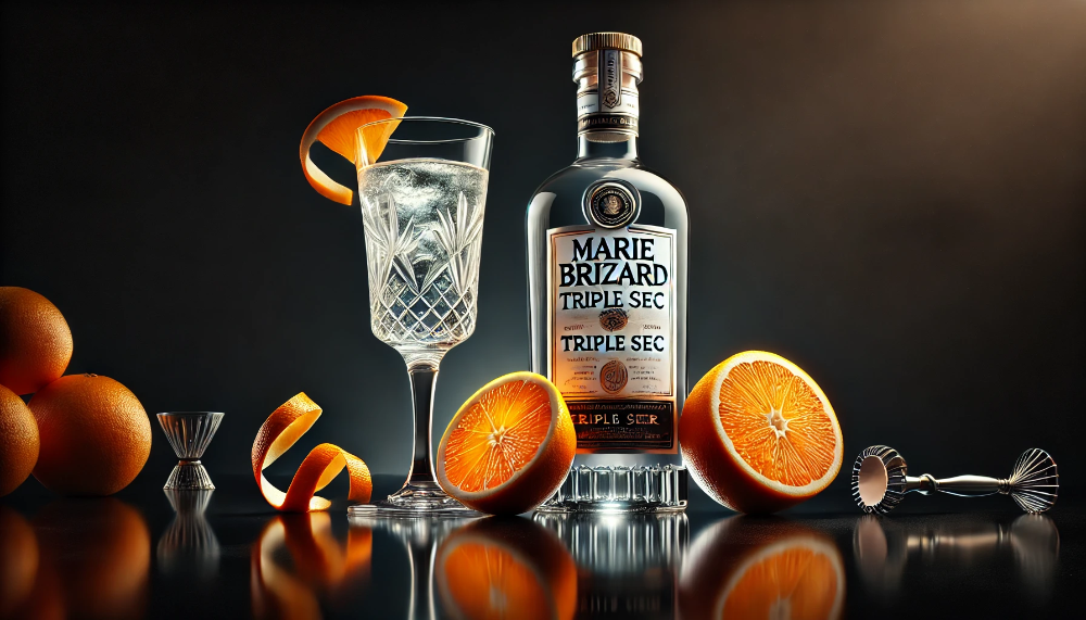 Пляшка лікеру Marie Brizard Triple Sec та коктейльний келих з прозорим напоєм на чорному тлі з апельсинами