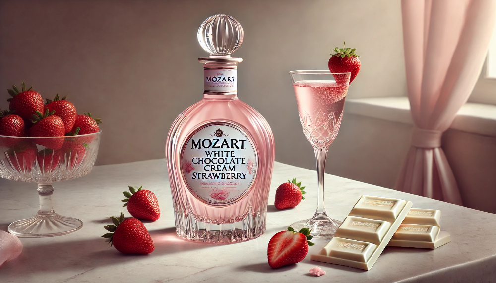 Біло-рожева кульова пляшка Mozart Strawberry з келихом напою, свіжою полуницею та білим шоколадом на мармурі