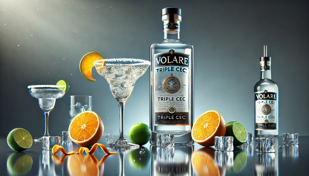 Пляшка прозорого лікеру Volare Triple Sec з коктейлем маргарита та свіжими цитрусовими фруктами