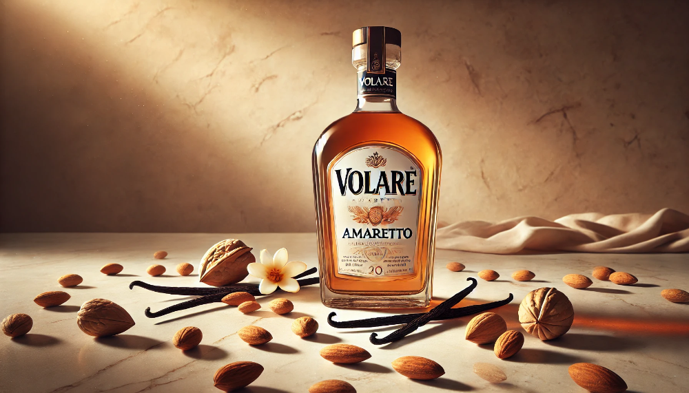 Пляшка лікеру Volare Amaretto оточена свіжим мигдалем та цілими паличками ванілі на світлій мармуровій поверхні