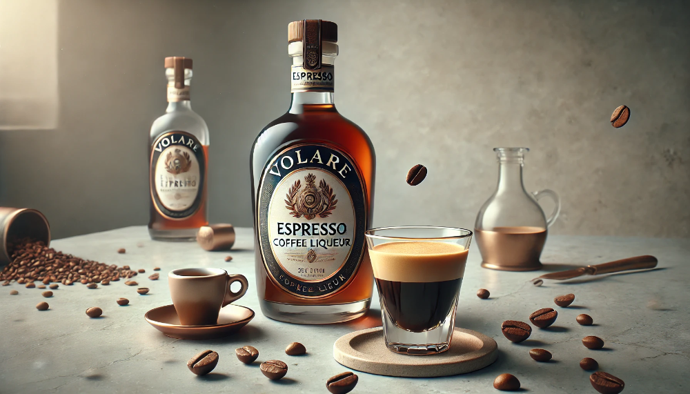 Пляшка лікеру Volare Espresso Coffee на мармуровому столі поруч з чашкою еспресо та кавовими зернами у теплому освітленні