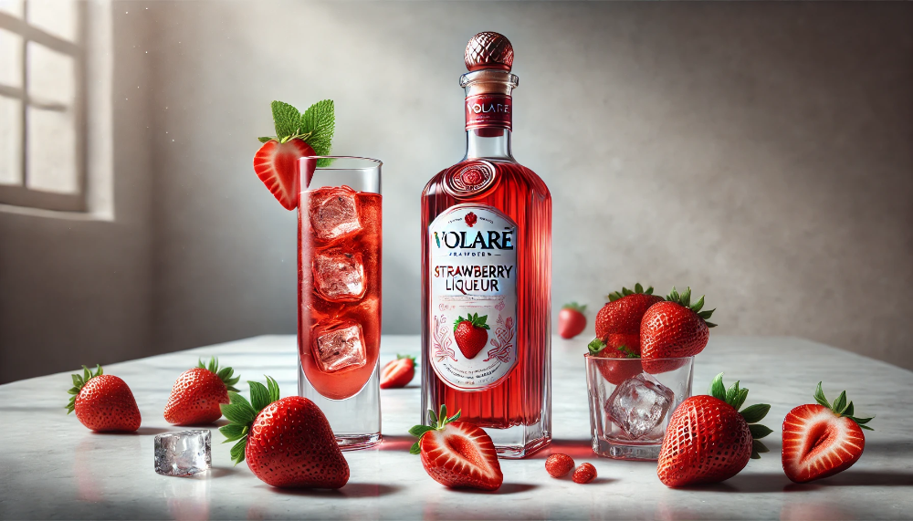 Пляшка полуничного лікеру Volare Strawberry на мармуровому столі зі свіжими полуницями та коктейлем у природному освітленні