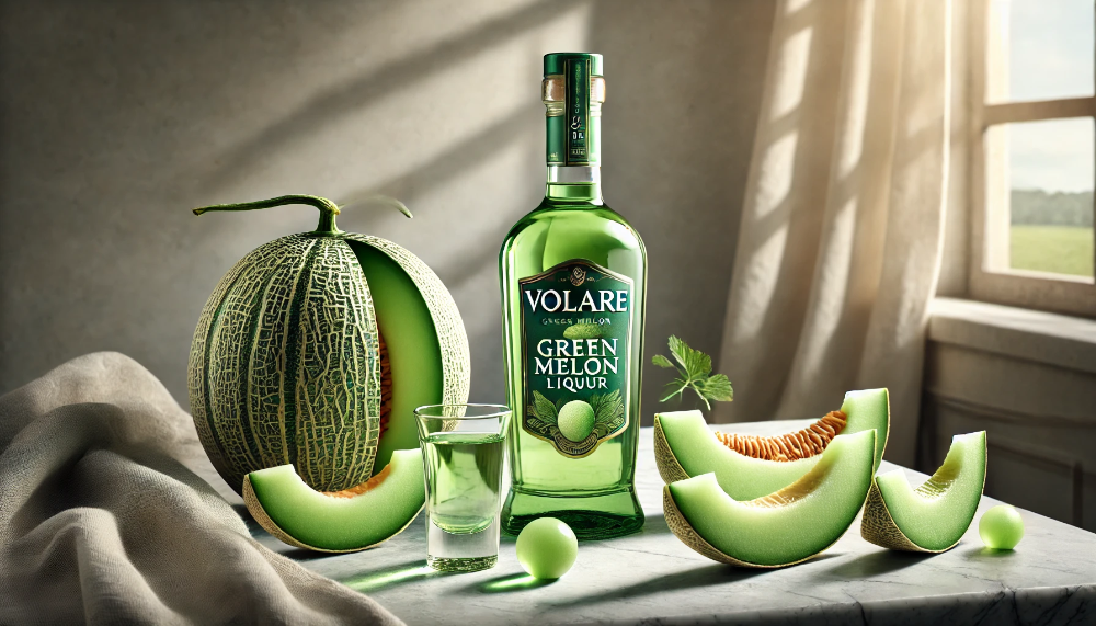 Пляшка лікеру Volare Green Melon поруч з розрізаною зеленою динею та її шматочками на світлій мармуровій стільниці