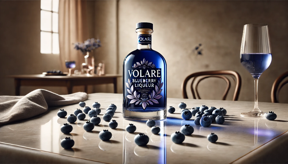 Пляшка лікеру Volare Blueberry з характерним синьо-фіолетовим кольором на мармуровій поверхні у оточенні свіжих ягід чорниці