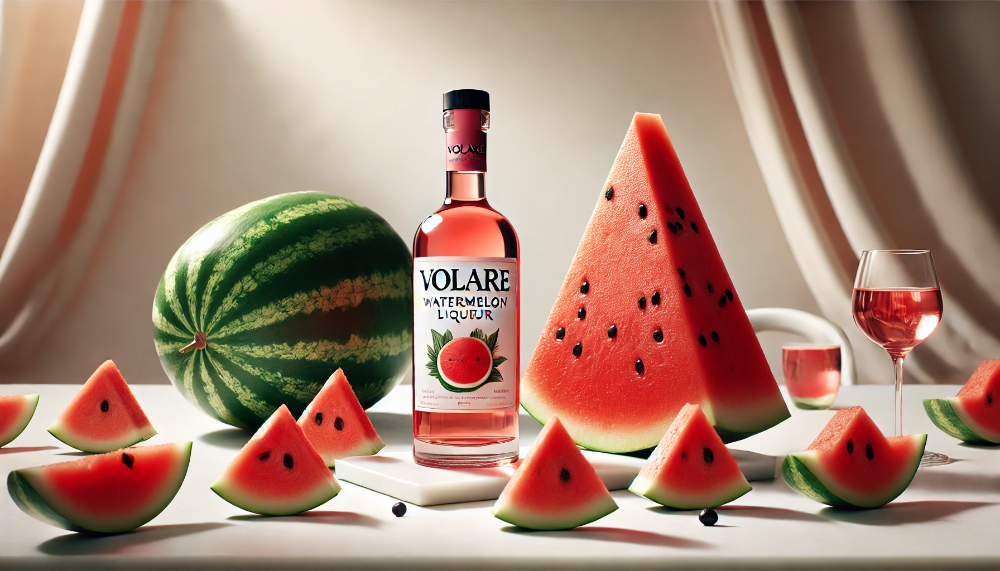 Пляшка лікеру Volare Watermelon на білому мармурі в оточенні апетитних шматочків свіжого червоного кавуна