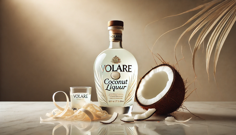 Пляшка лікеру Volare Coconut на білому мармурі поруч з розколотим свіжим кокосом та стружкою кокосової м'якоті