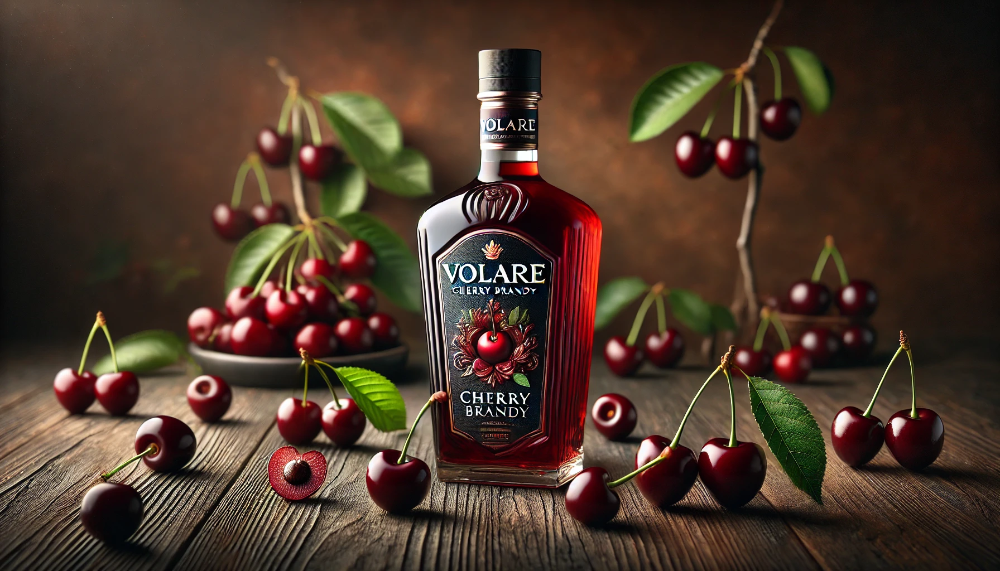 Пляшка лікеру Volare Cherry Brandy на темній дерев'яній поверхні в оточенні стиглих вишень з листям