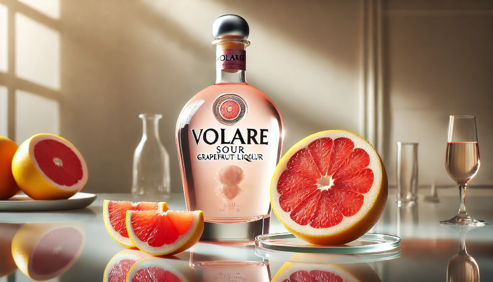 Пляшка лікеру Volare Sour Grapefruit на скляній поверхні в оточенні свіжих половинок та скибочок рожевого грейпфрута