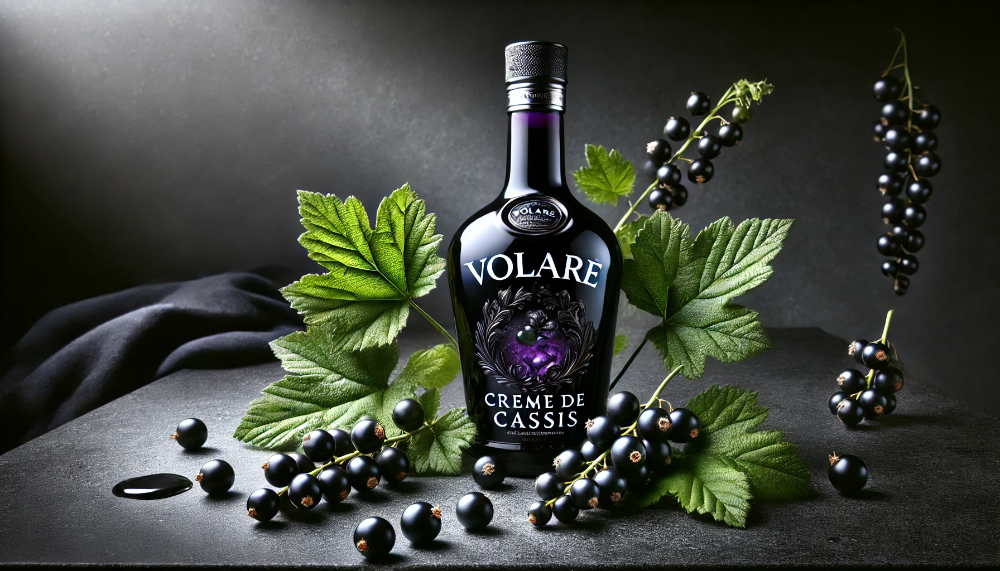 Пляшка лікеру Volare Creme de Cassis на темному граніті в оточенні свіжих ягід чорної смородини з листям