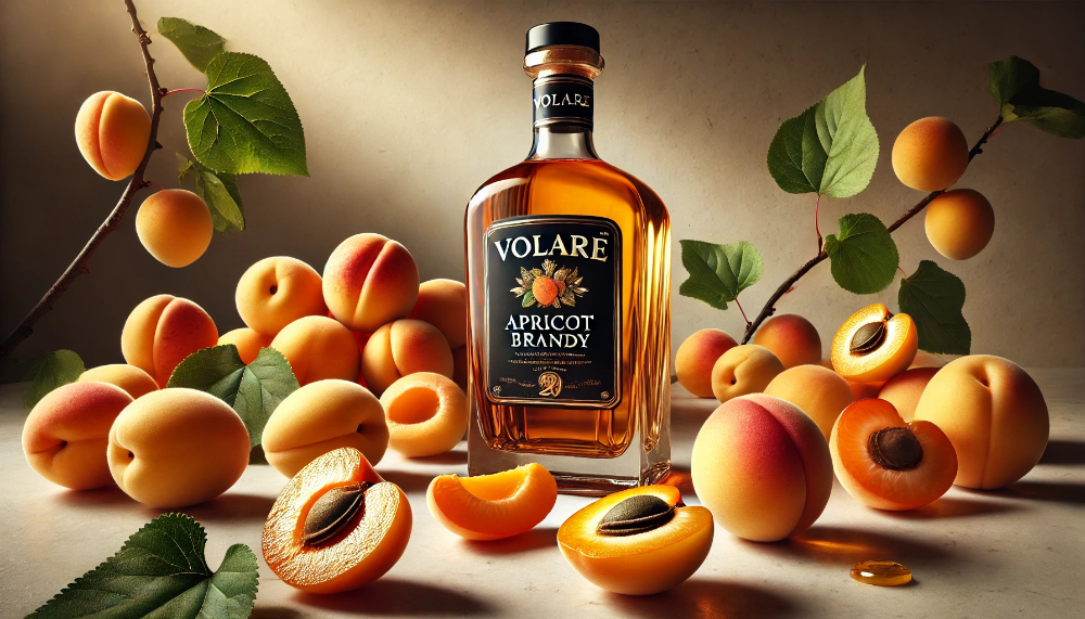 Пляшка лікеру Volare Apricot Brandy на світлому мармурі в оточенні стиглих абрикосів та зелених листочків