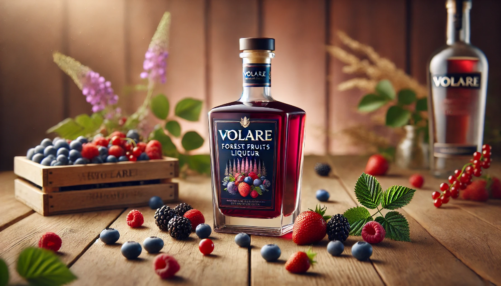 Пляшка лікеру Volare Forest Fruits у центрі композиції, оточена свіжими ягодами малини, чорниці, ожини та суниці на дерев'яній поверхні