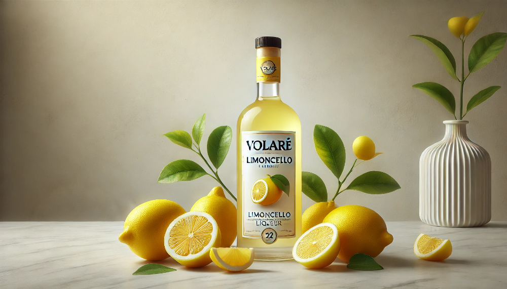 Пляшка лікеру Volare Limoncello в оточенні свіжих цілих та розрізаних лимонів з зеленим листям на світлому мармурі