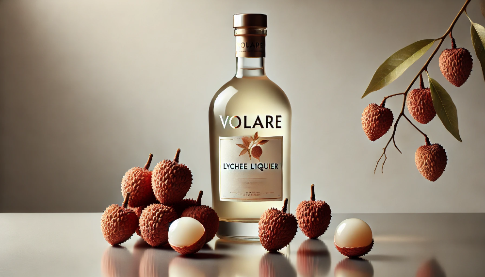 Пляшка лікеру Volare Lychee оточена свіжими плодами лічі - цілими та очищеними на світлій глянцевій поверхні