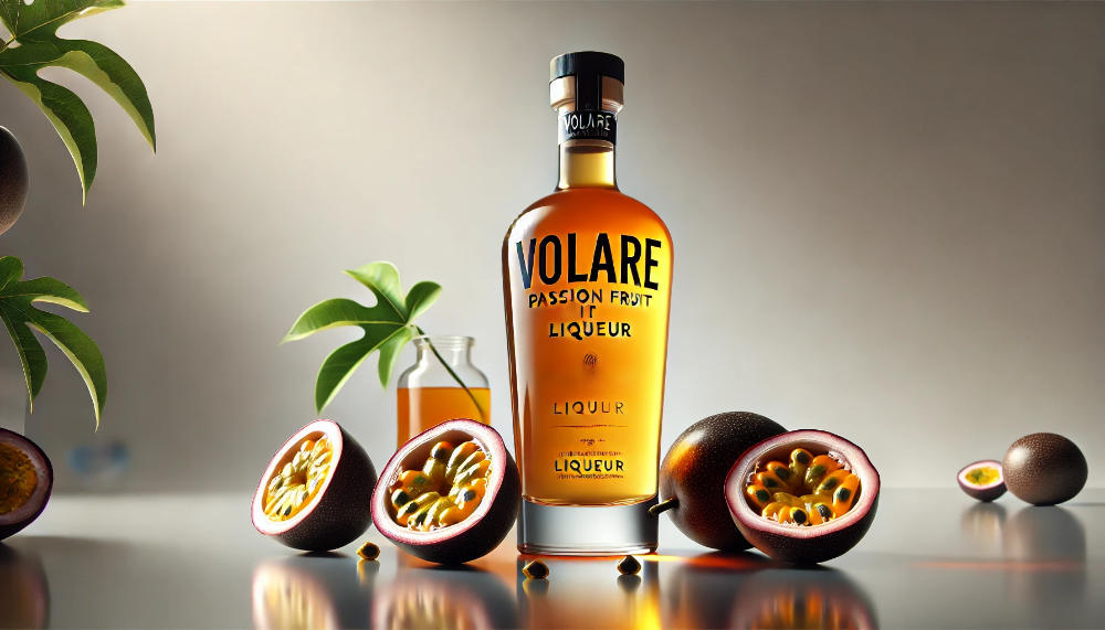 Пляшка лікеру Volare Passion Fruit в оточенні свіжих розрізаних плодів маракуї на тонованій скляній поверхні