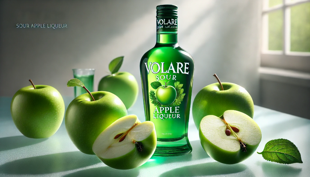 Пляшка лікеру Volare Sour Apple в оточенні свіжих зелених яблук Грані Сміт на матовій скляній поверхні