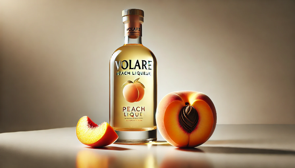 Пляшка лікеру Volare Peach в оточенні свіжих цілих та розрізаних персиків на світлій полірованій поверхні