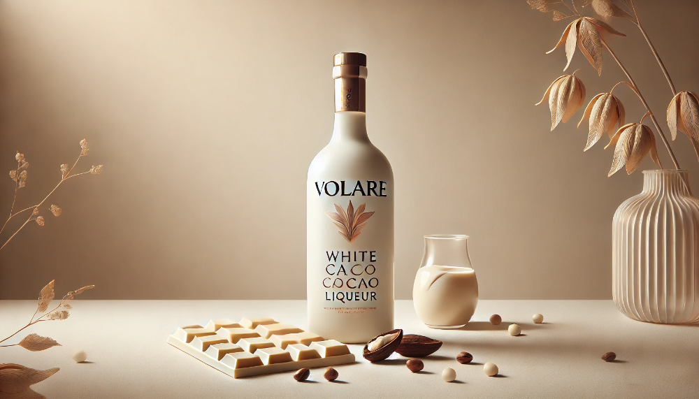 Пляшка лікеру Volare White Cacao в оточенні шматочків білого шоколаду та какао-бобів на білій матовій поверхні