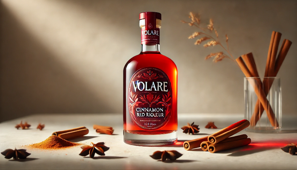 Пляшка лікеру Volare Cinnamon Red на світлому мармурі в оточенні паличок кориці та зірочок анісу в теплому освітленні