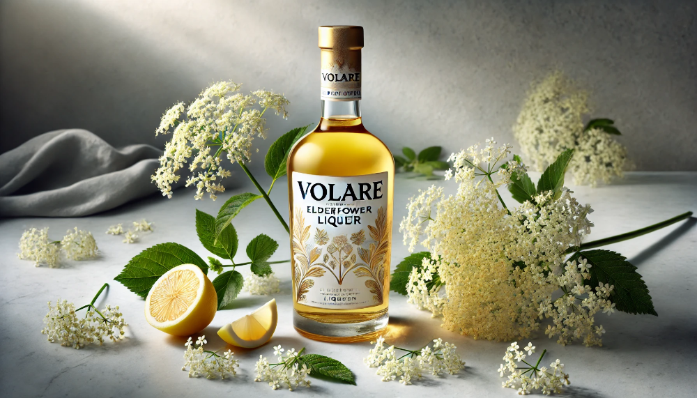 Пляшка лікеру Volare Elderflower на мармуровій поверхні в оточенні свіжих суцвіть бузини та цитрусів у природному освітленні