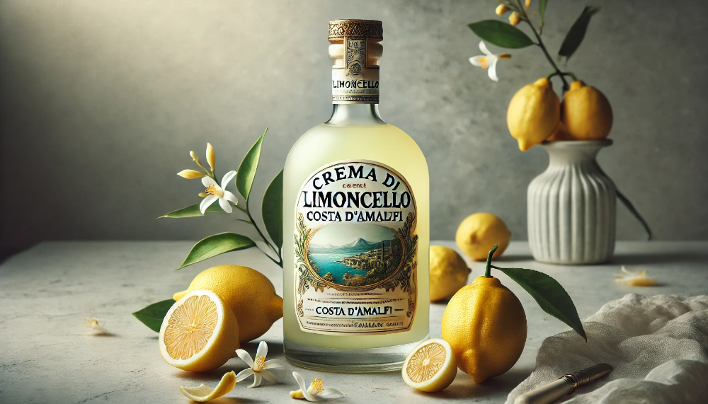 Пляшка лікеру Crema di Limoncello Costa d'Amalfi на мармурі в оточенні свіжих лимонів та квітів у м'якому світлі